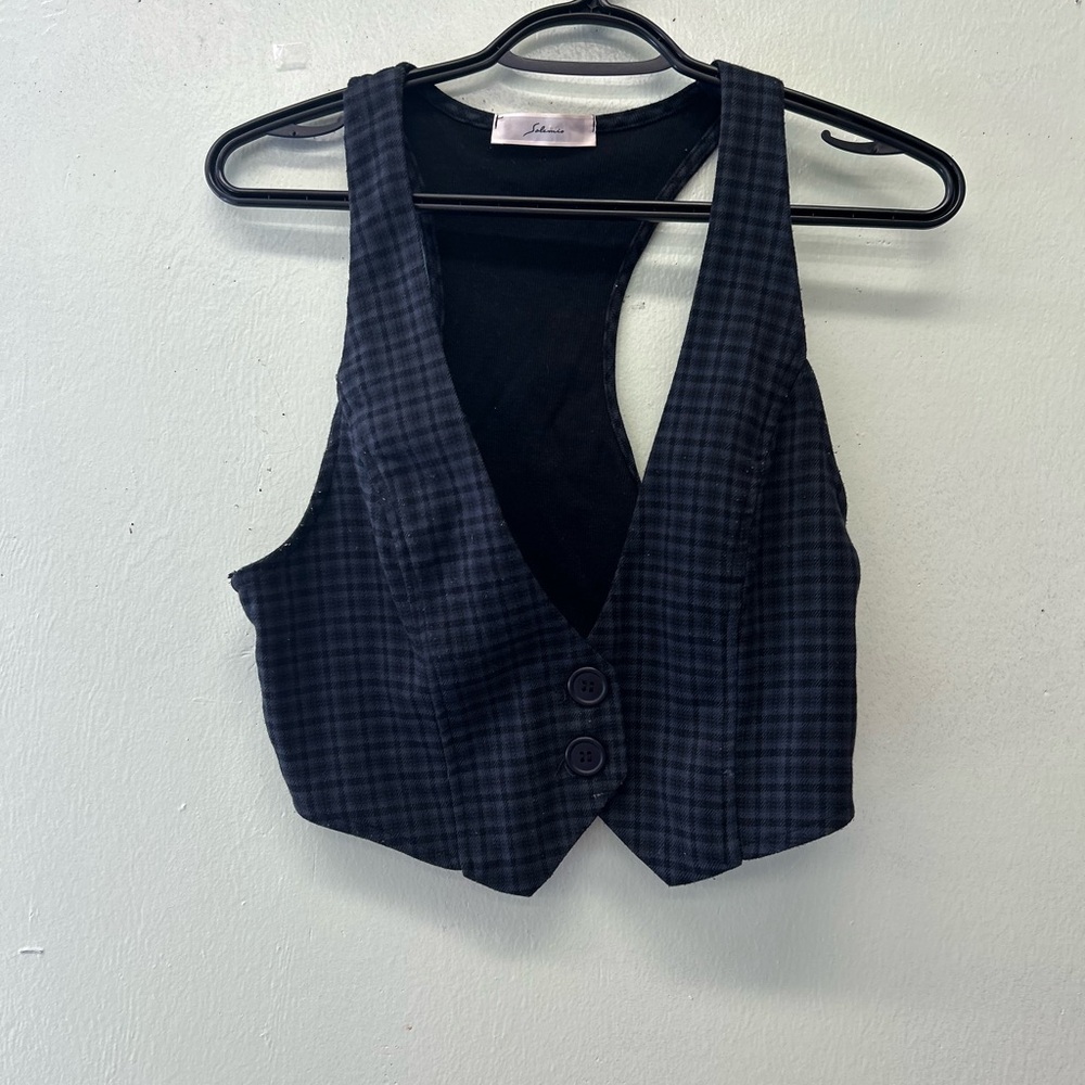 Solemio Black & Navy Plaid Sleeveless Vest Crop Top